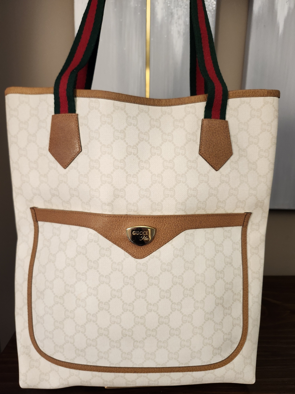 Gucci GG Plus White And Tan Sherry Line Supreme Tall Tote With Web Straps